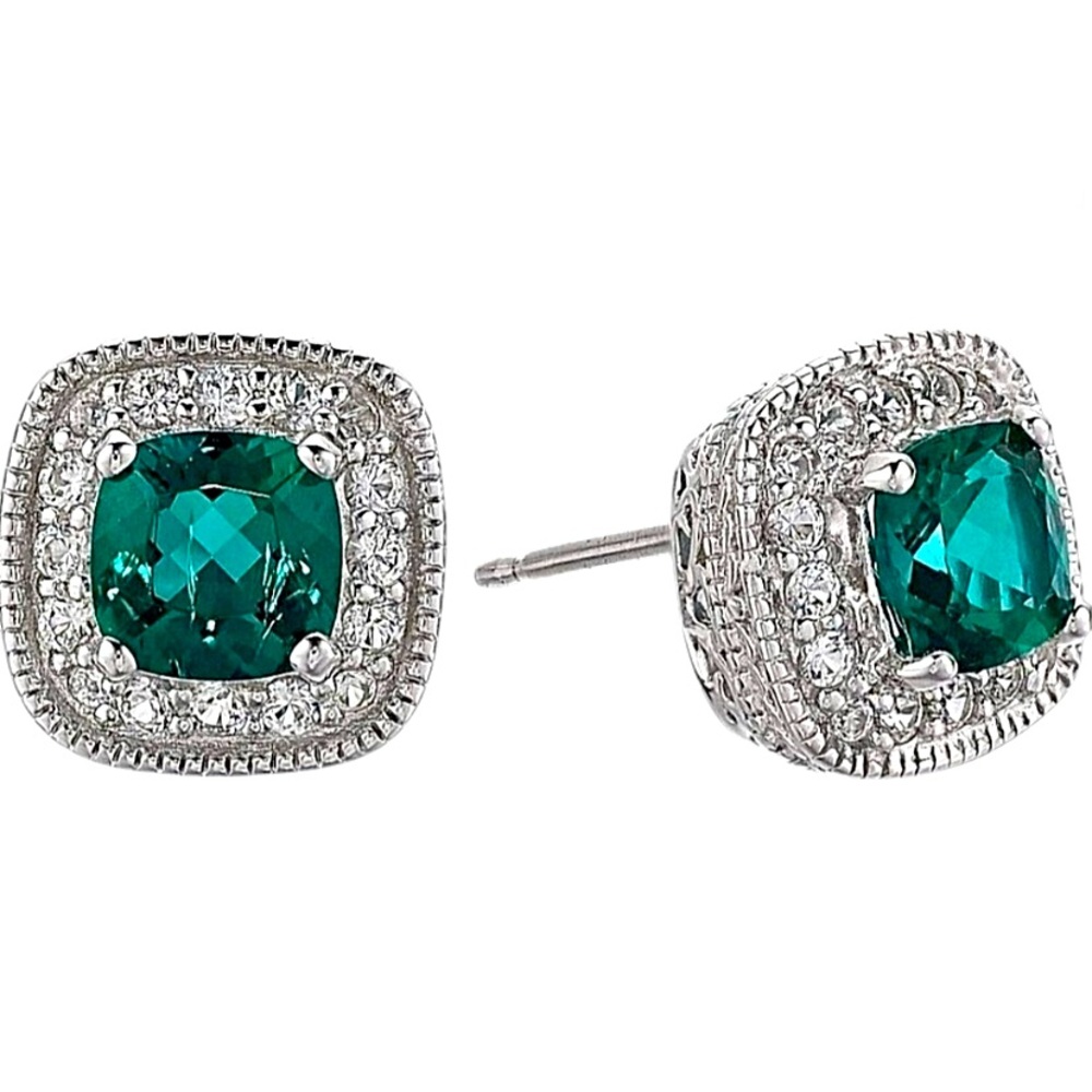 Emerald Green Cushion Halo Stud Earrings - Picture 1 of 4
